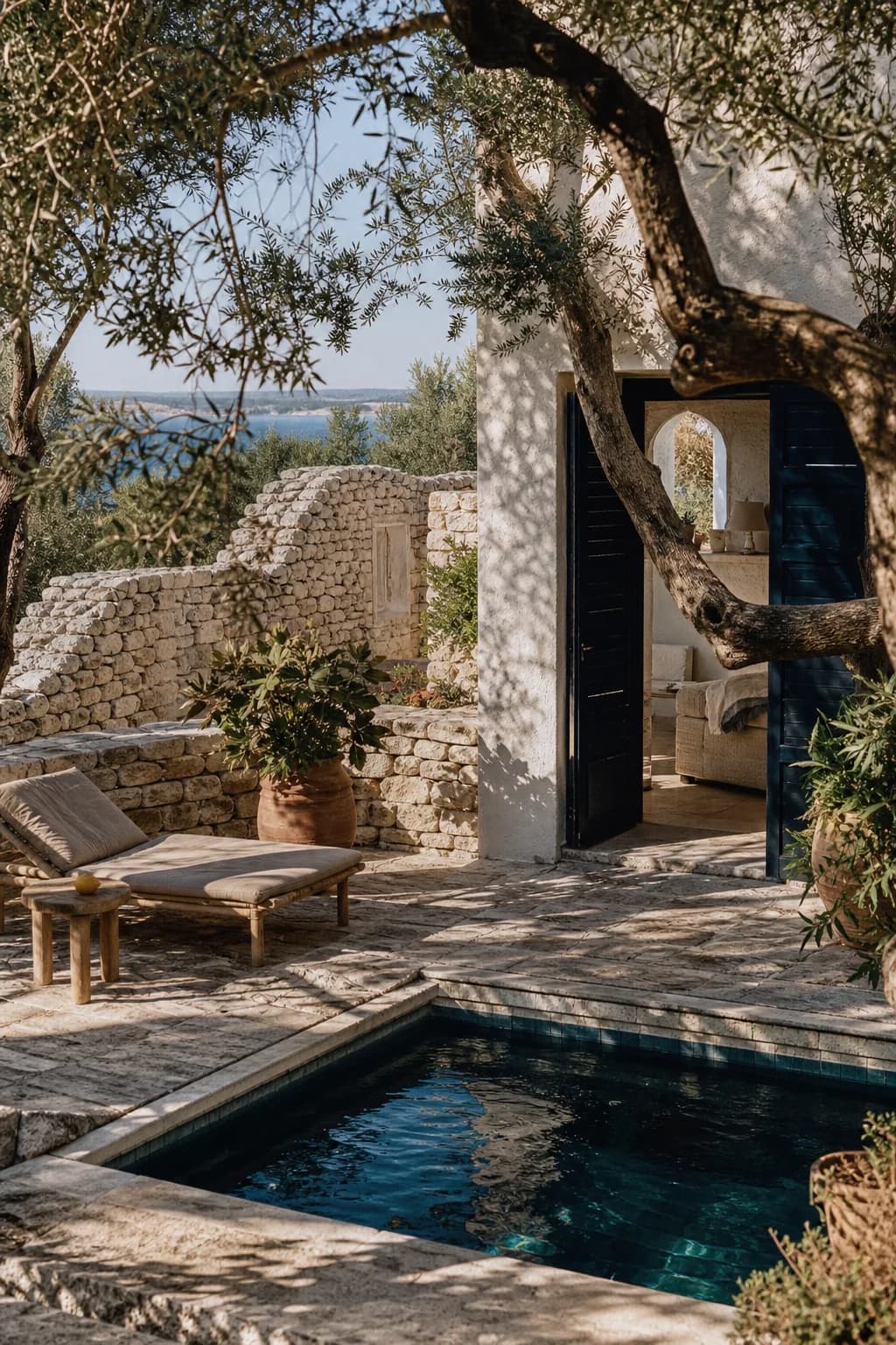 A whitewashed villa with navy shutters among old olive trees, a small dark plunge pool and a daybed in dappled shade