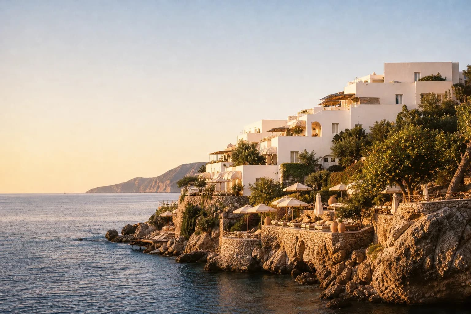 Maison Ondine's whitewashed terraces stepping down a rocky cliff to a calm, deep-blue sea at golden hour