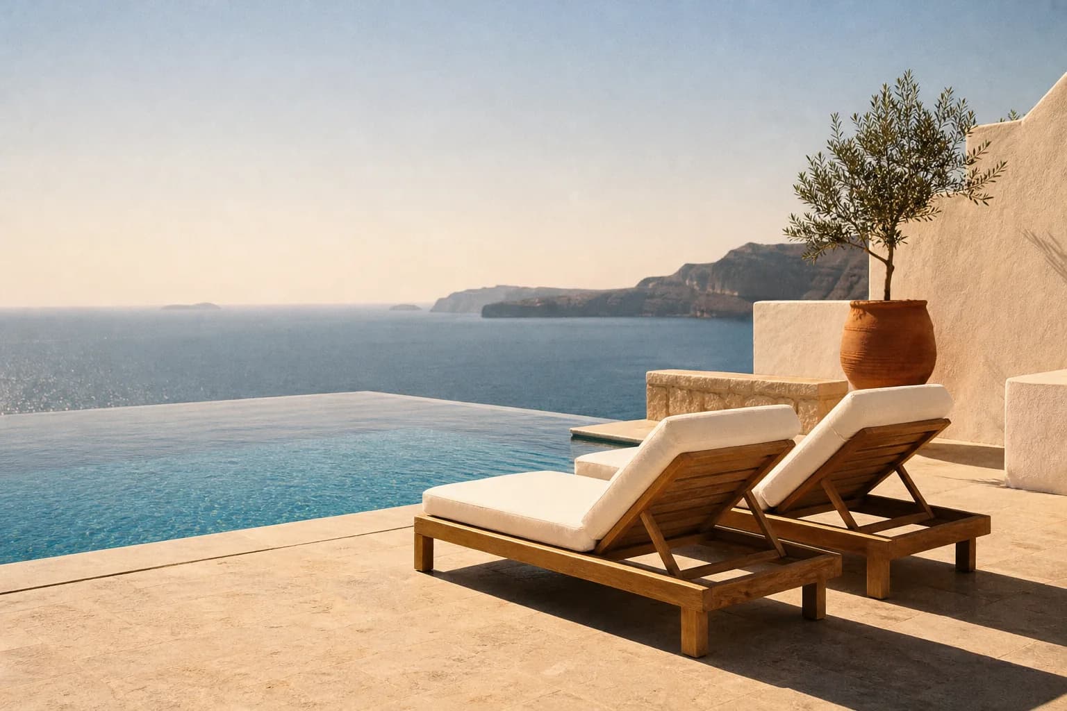 An infinity pool merging into a calm, hazy sea beside two cushioned teak loungers