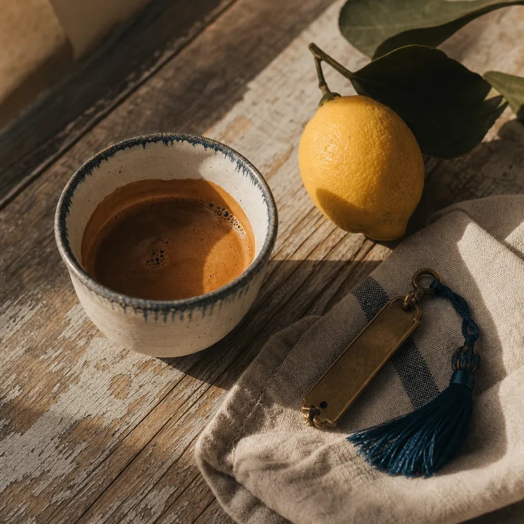 A handmade espresso cup, a lemon from the grove, and a brass room key with a navy tassel on a striped linen napkin