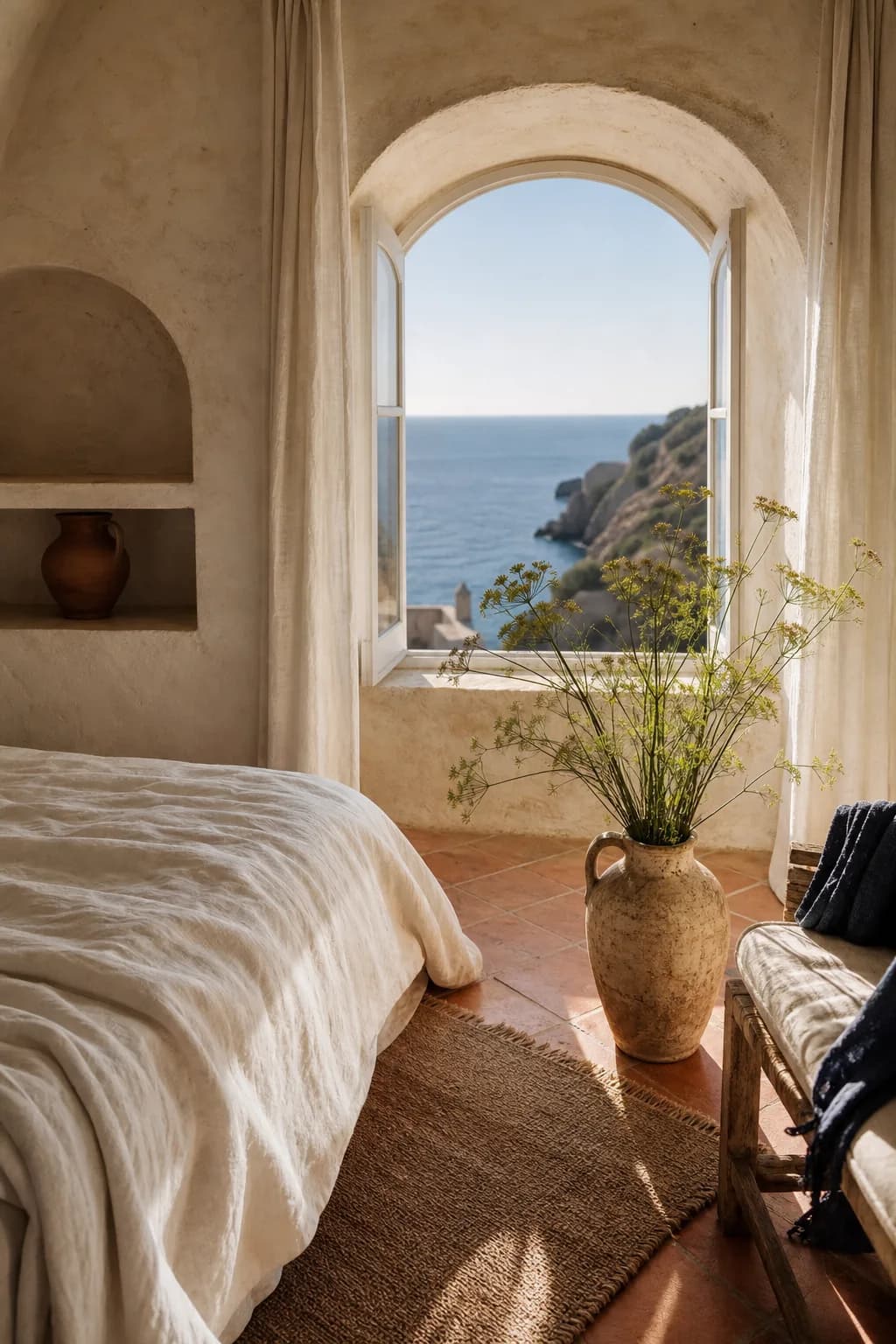 A sea-view suite with a rumpled linen bed, terracotta floor and an arched window open to the cove