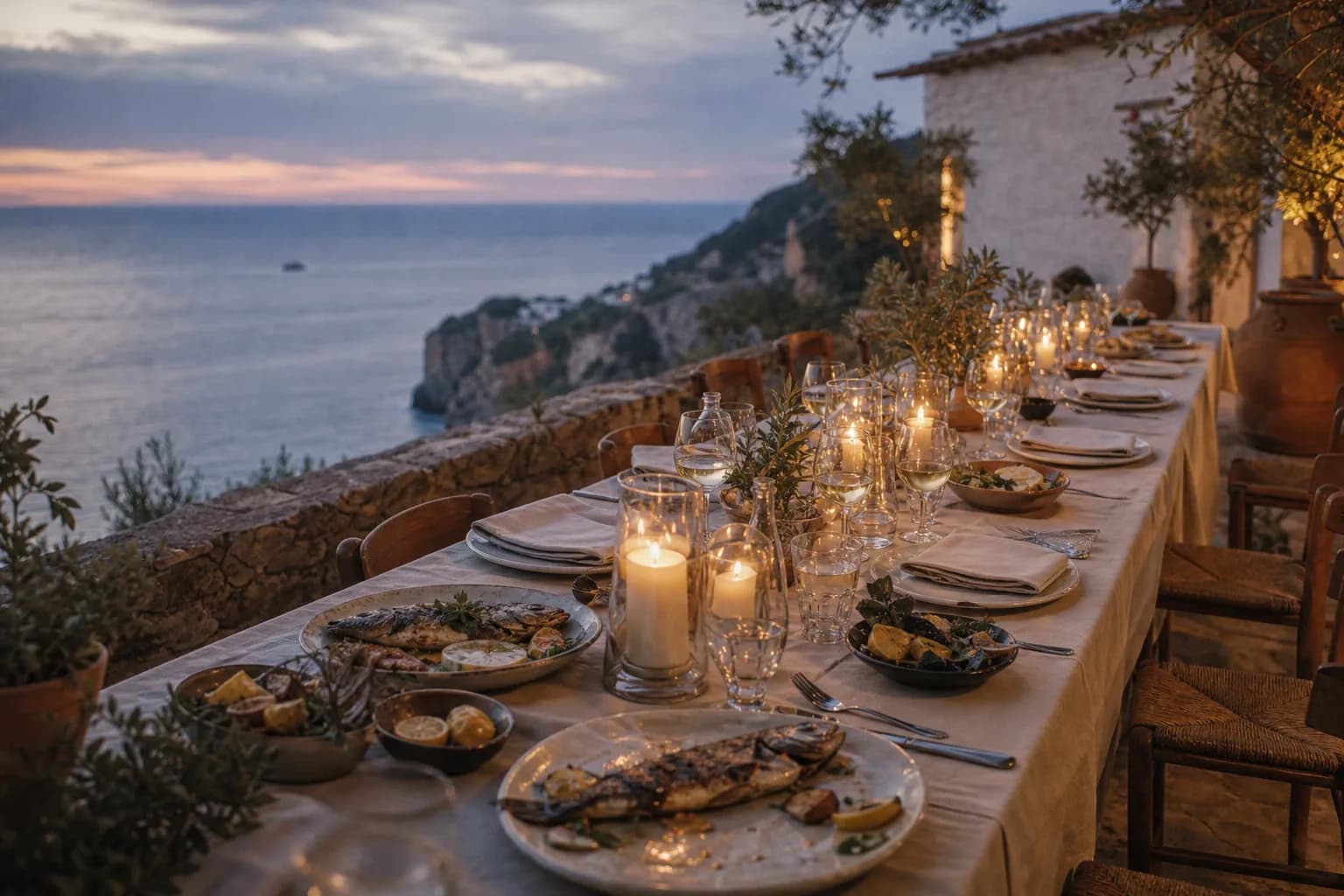A long candlelit table on a stone cliff terrace at dusk, set with grilled fish, lemons and glasses of white wine above the sea