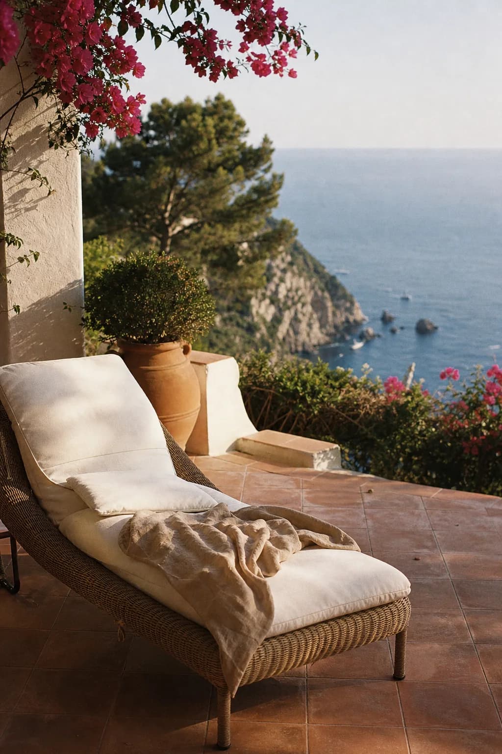 A cushioned rattan lounger on a terracotta terrace beneath pink bougainvillea, the sea and a pine-covered headland beyond